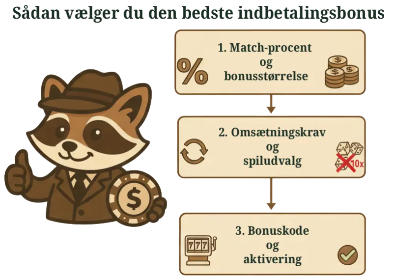 CasinoBonusGuiden maskot, en vaskebjørn i jakkesæt, der viser en step guide af hvordan man vælger den bedste indbetalingsbonus