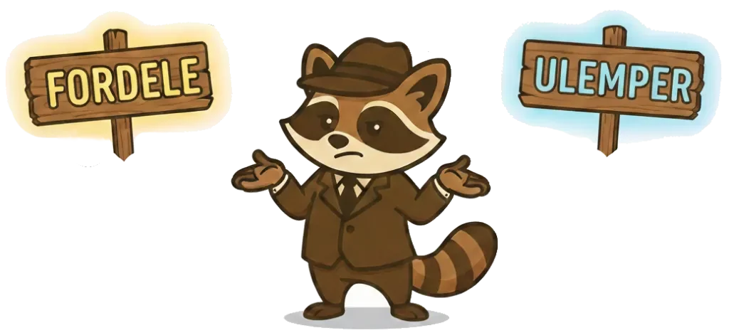 CasinoBonusGuiden maskot, en vaskebjørn i jakkesæt, der viser to skilte hvor der står fordele og ulemper