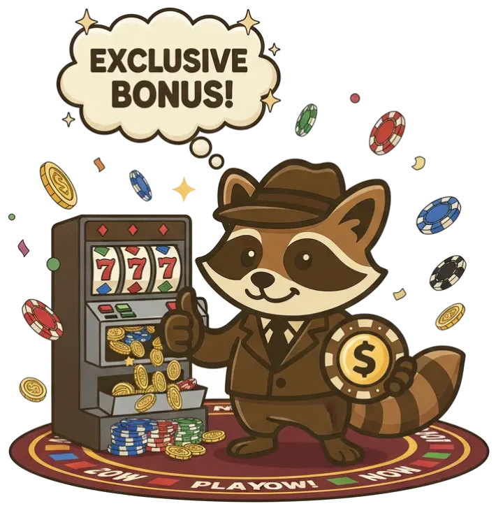 CasinoBonusGuiden maskot, en vaskebjørn i jakkesæt der står foran en slotmaskine og med en tænkeboks hvor der står "eksklusive bonusser".