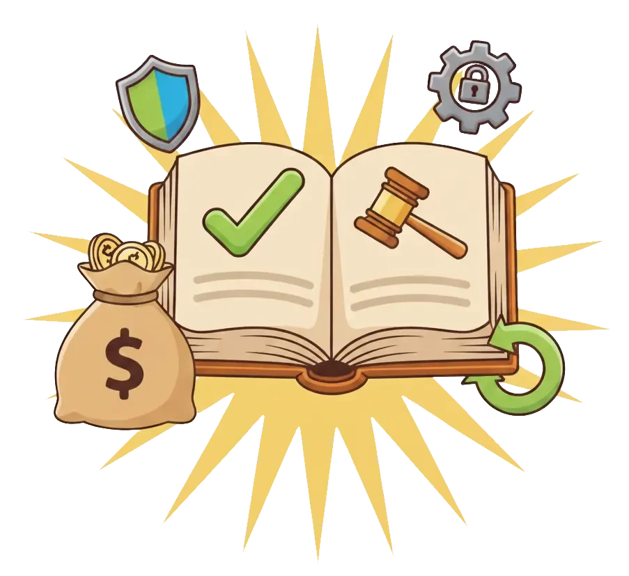 Bog der viser regler og vilkår med en hammer og tjekmærke.